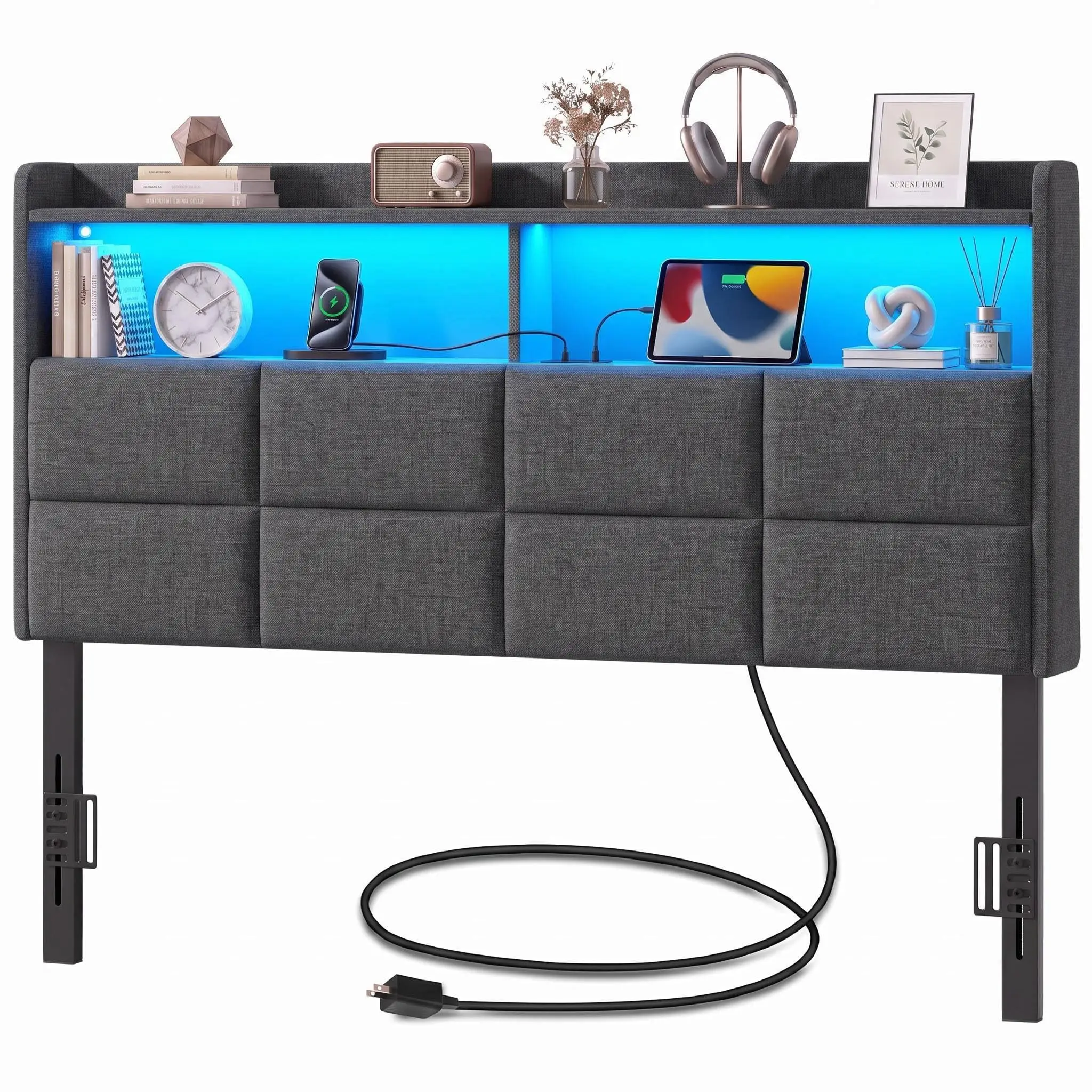 Homfan Full/Twin/Queen/King Size Headboard Only with 2-Tier Storage & Charging Station, Linen Upholstered Headboard with LED Lights, 2 USB & Type-C Port, Height Adjustable, Sturdy and Stable for Bedroom