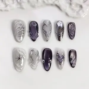 Gray Glitter Cat Eye Press On Nails Gothic Silver Chrome 3D Gel Heart Star Birthday
