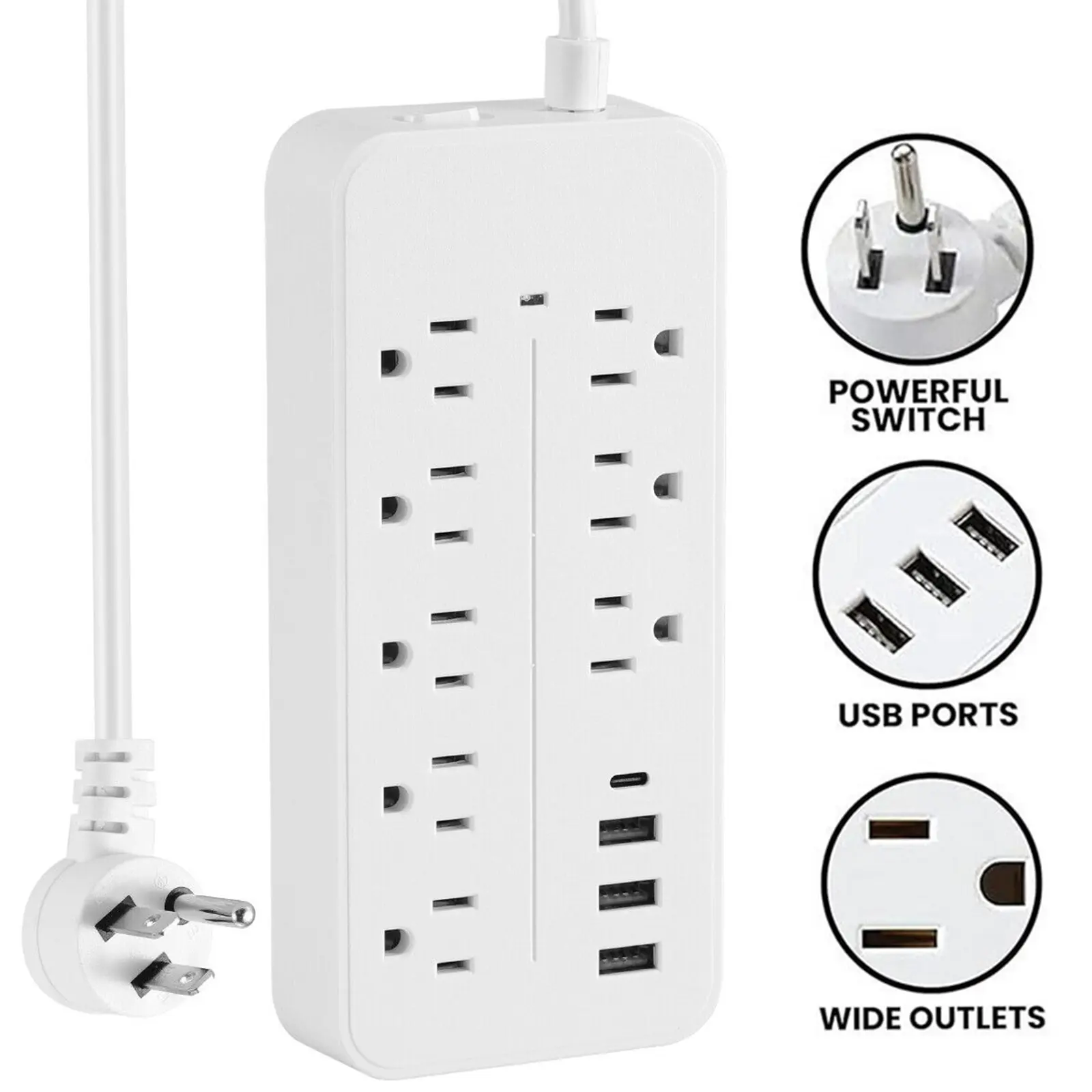 Power Strip Surge Protector - 8 Outlets, 3 USB Ports, 1 USB-C Port, White, Ideal for Home and Office Use