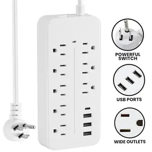 Power Strip Surge Protector - 8 Outlets, 3 USB Ports, 1 USB-C Port, White, Ideal for Home and Office Use