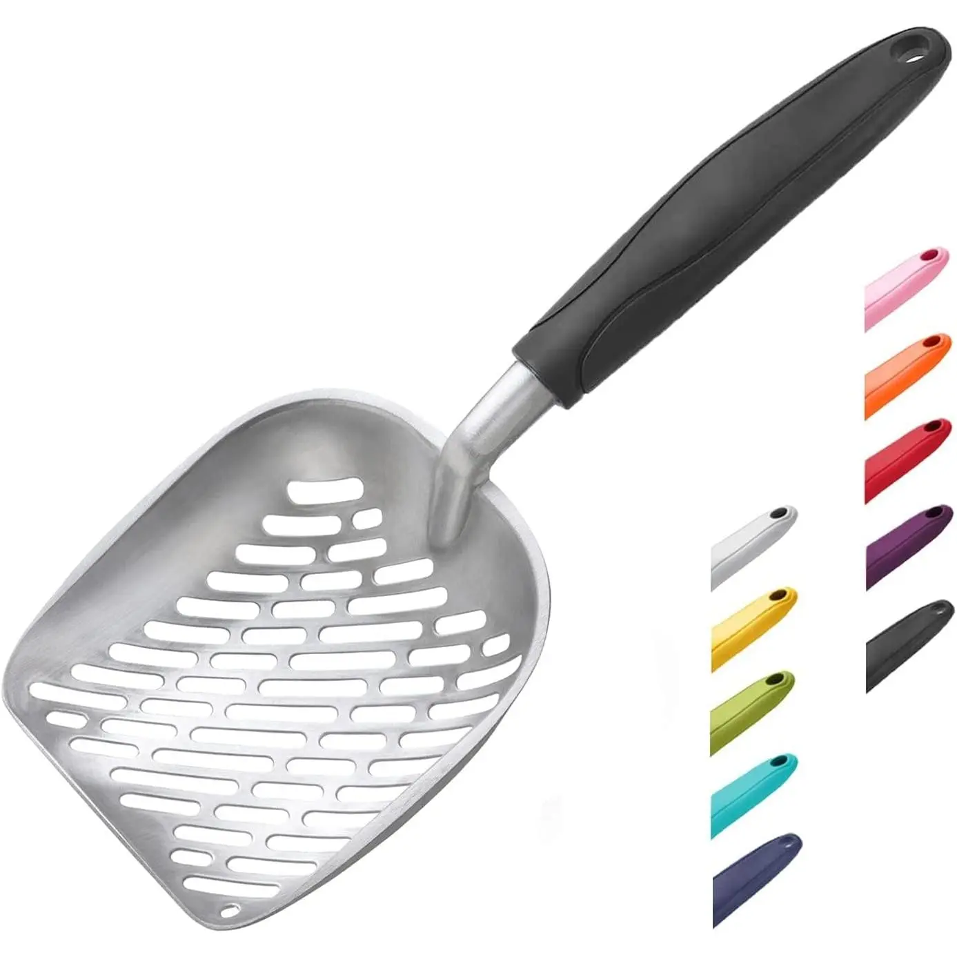 Cat Litter Scoop, Aluminum Alloy Sifter, Kitty Metal Scooper, Deep Shovel with Diagonal Sifting Hole, Long Handle, Kitten Poop Lifter for Litter Box, Medium Size, Black Handle