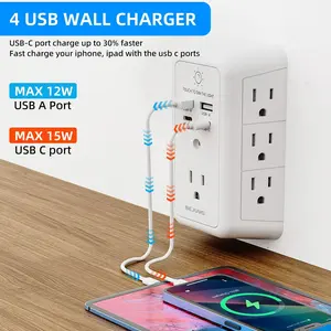 Protector 7 Outlet Extender with 4 USB Ports(2 USB-C Fast Ports) and Night Light, 3-Sided Powerhouse gadget with Adapter Spaced Outlets - ETL Multiple Sockets Usb Plug In