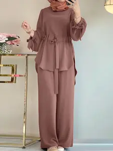 Women's Casual Set, Drawstring Bubble Sleeves Wide Leg Pants Design, Daily for Travel Commuting, Loose Fit Long Sleeve Suit