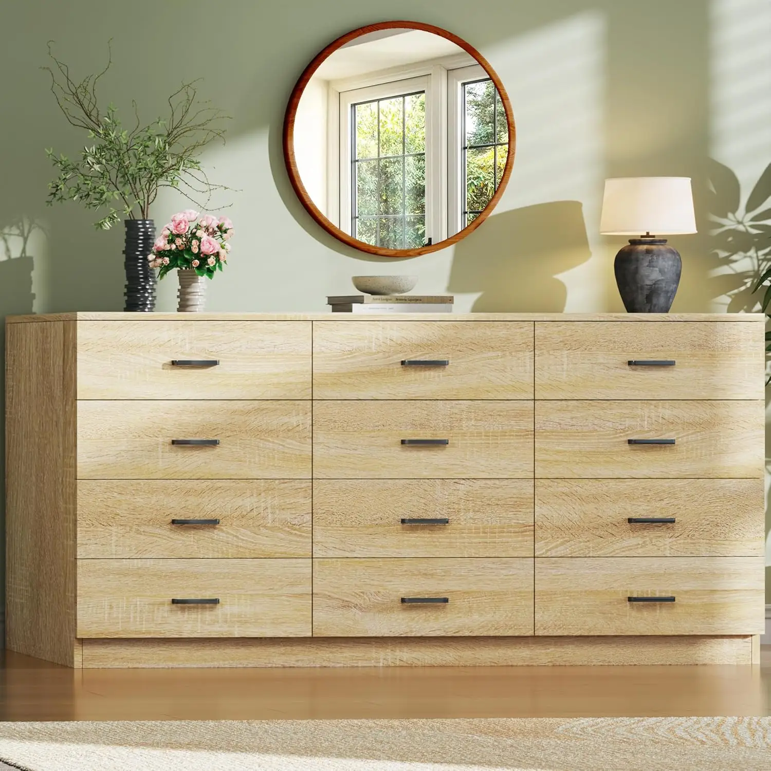 Dresser for Bedroom with 12 Drawers, 60'' Wide Mid Century Modern Dressers, Natural Wood Grain, Chests of Drawers TV Stand, Large Storage Organizer, C