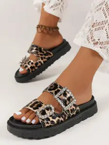 Leopard Print Rhinestone Buckle Open Toe Thick Sole Sandals, Casual Beach Flat Shoes, Comfortable Summer Street Style Slip-Ons, Leopard Print Slides