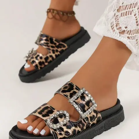 Leopard Print Rhinestone Buckle Open Toe Thick Sole Sandals, Casual Beach Flat Shoes, Comfortable Summer Street Style Slip-Ons, Trendy Sandals, Pu Leather Sandals, Leopard Print Slides, Trending Sandals