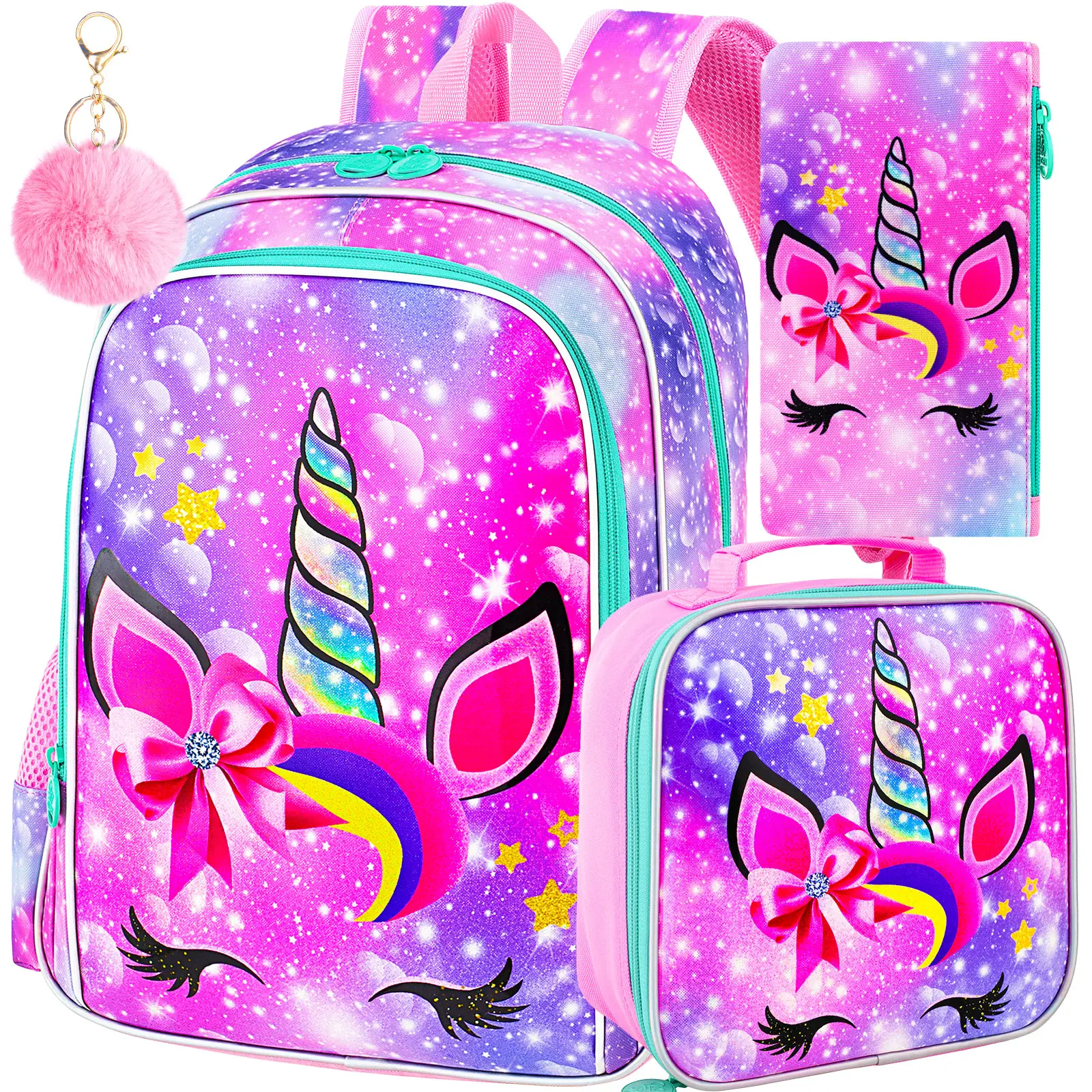 3PCS Girls Unicorn Backpack, 16" Kids Bookbag with Lunch Box, Water Resistant School Bag for Elementary Preschool Toddler