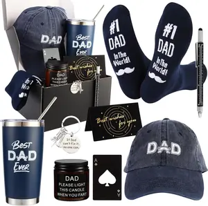 9 Pieces Dad Gift Set Best Dad Gifts for Father, Men with Tumbler Mens Socks Mens Baseball Cap Key Chain Card for Men Father Papa Christmas Gifts from Son Daughter (Navy Blue)