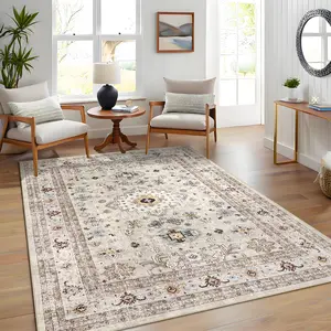 Washable Vintage Distressed Floral Area Rug, Large Soft Farmhouse Floor Carpet for Bedroom Living Room, Indoor Non Slip Thin Rug for Dining Room Office Nursery Kitchen, Heavy Duty Stain Resistant,summervibes