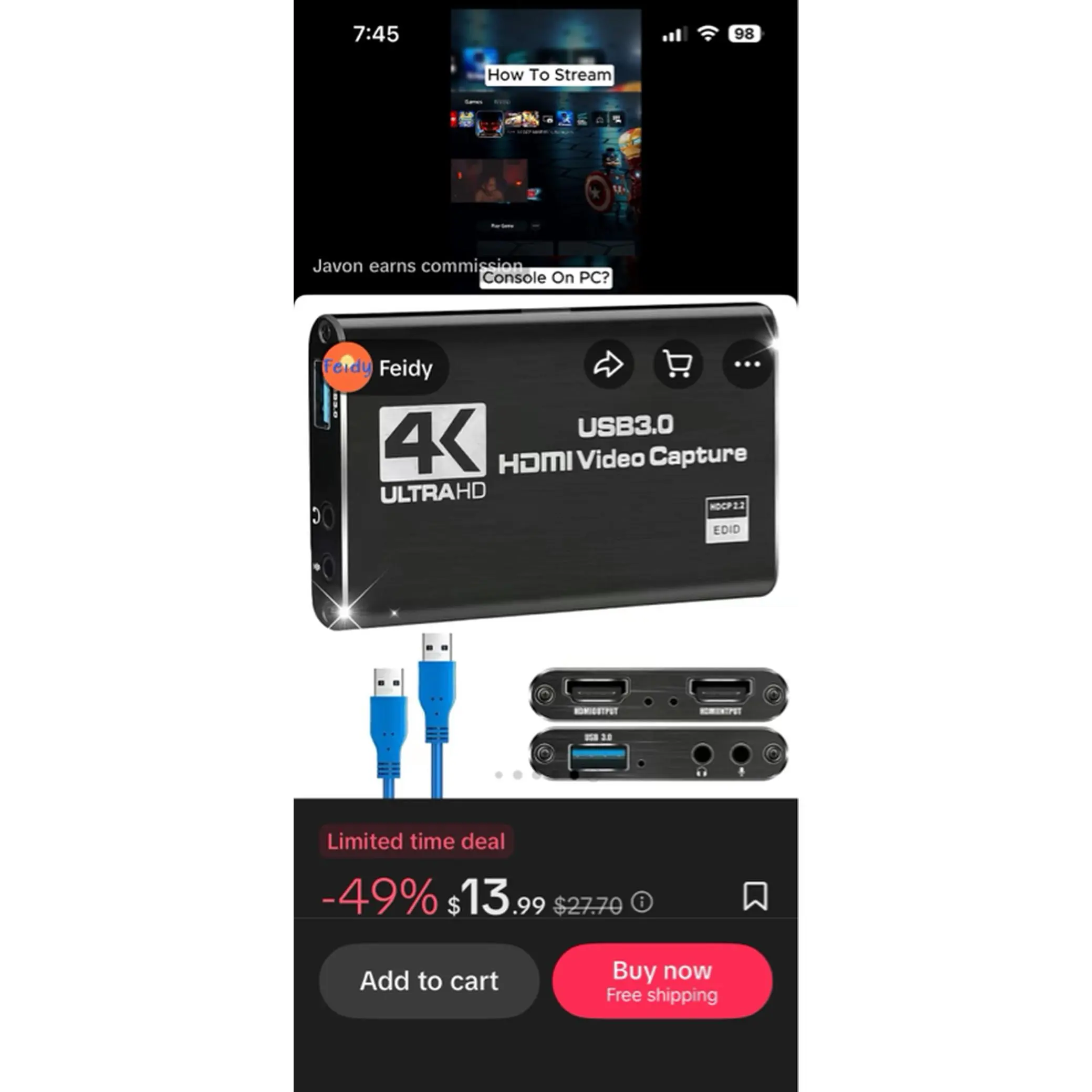 4K USB 3.0 Video Capture Card HDTV 1080P 60Hz HD Video Recorder Grabber for PS4 OBS Game Recording Live Streaming