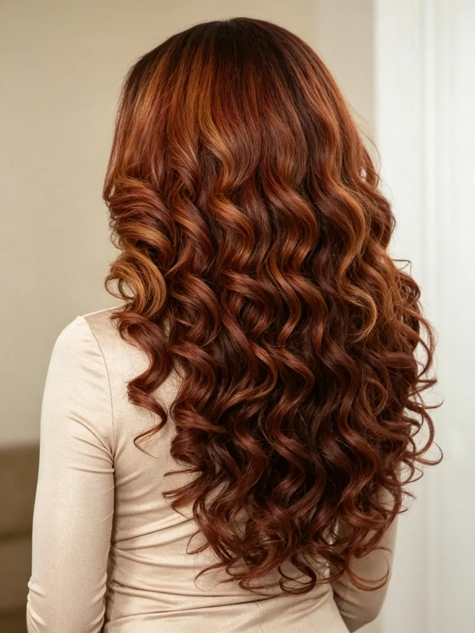 Auburn Curly Wig for Women - Voluminous Body Wave Wig with Middle Part, Reddish Brown Fluffy Long Wavy Hair Wig, Natural Looking, Everyday Wear