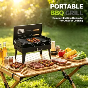 Foldable Collapsible Portable Charcoal Grill, Mini Tabletop Heavy Duty Cast Iron BBQ Grill, Compact Travel Picnic Tailgating Grill, Lightweight Easy Storage Outdoor Cooking Gear for Camping, Backyard BBQ & Campfire Concave Stainless Steel Comal Set
