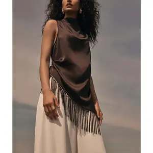 Women's Summer Tassel Hem Vest Brown Sleeveless Solid Color High Neck Long Tank Tops