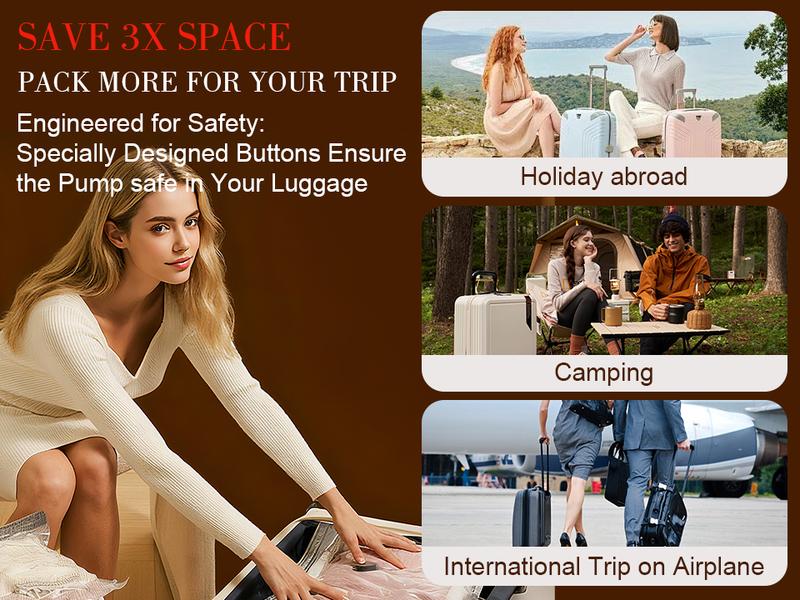 [2025 Upgraded] Cordless Travel Vacuum Bag Set - 9/15/ Pac Compression Bags for Carry-On Suitcases - USB Rechargeable Handheld Pump with Built-In Battery - Space Saver for Clothes & Packing, Zipper Pouches Durable, Lightweight Organizer Fitting Cover