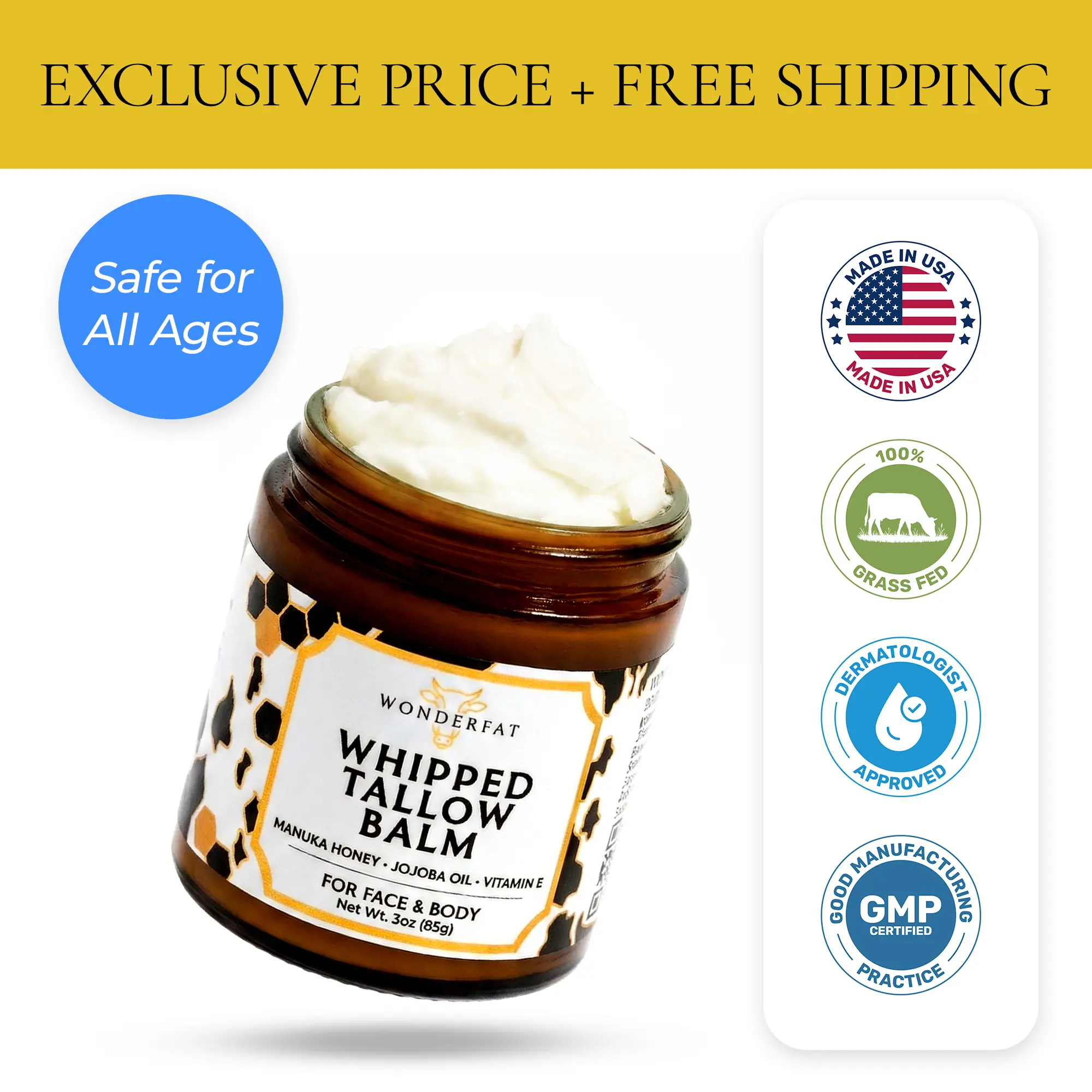 WonderFat Whipped Tallow Balm Body Care Natural Moisturizer with Manuka Honey Jojoba Oil Vitamin E Face & Body 3oz Deep Moisturizing Cosmetic Hydrating Intensive Soothing Care Hydration Body Lotion