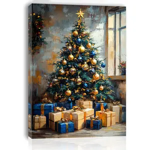 Room Decoration 1 Piece Holiday Christmas Tree and Gift Box Wall Art Print, Wooden Frame Canvas Painting, Size 11.8"x15.7", Suitable for Living Room, Bedroom, Office Decoration, Ideal Bachelorette Party Decoration