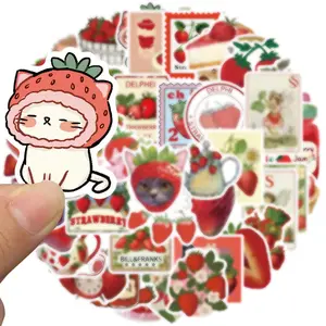 Strawberry Pattern Sticker, 50pcs/set Cartoon Cute Strawberry Vinyl Decorative Decals, Funny Sticker for DIY Water Bottle Journal Scrapbook Guitar, Graphic Decal