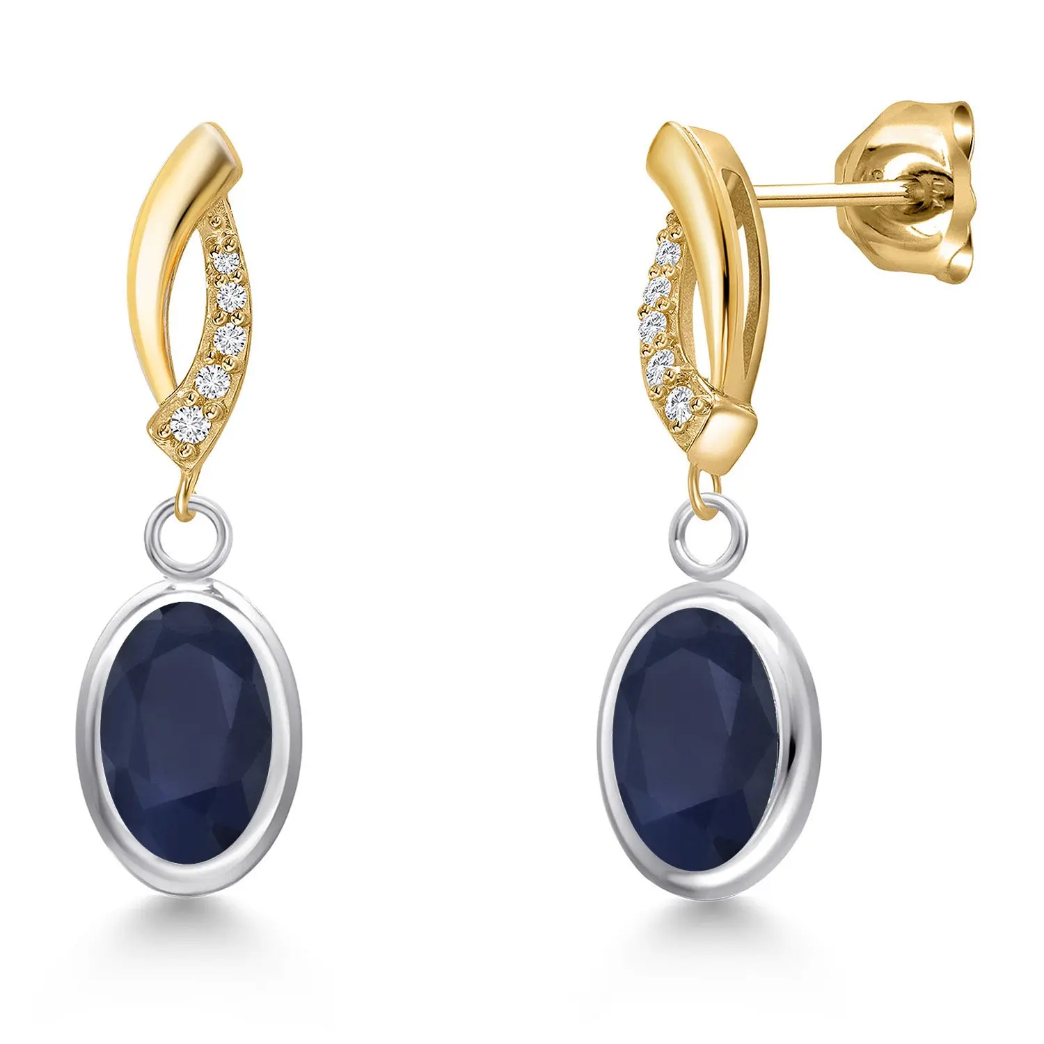 925 Silver and 10K Yellow Gold Blue Sapphire and Lab Grown Diamond Dangle Earrings for Women | 3.65 Cttw | Gemstone September Birthstone | Oval 8X6MM