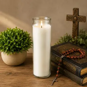 Prayer Candle Clear Glass White Wax, 8 Inch