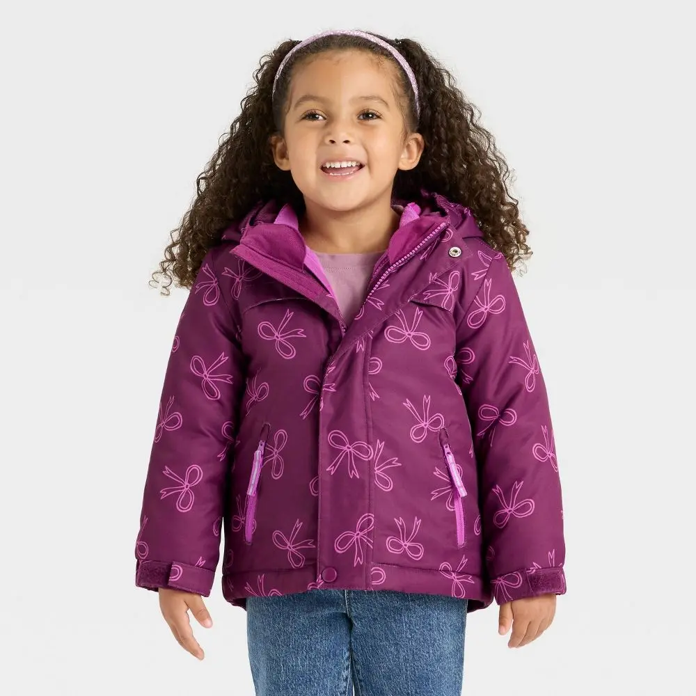Cat & Jack Baby Girls' Bow Print 3-in-1 Snowplay Jacket - Berry Purple, 12 Months, Warmth, Midweight Weave, CPSIA Label