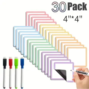 Reusable Magnetic Notepads, 30 Pack, 4x4 Inch Erasable Labels with 4 Pens, Ideal for Whiteboards, Fridge, Cabinets, Office & Home Use