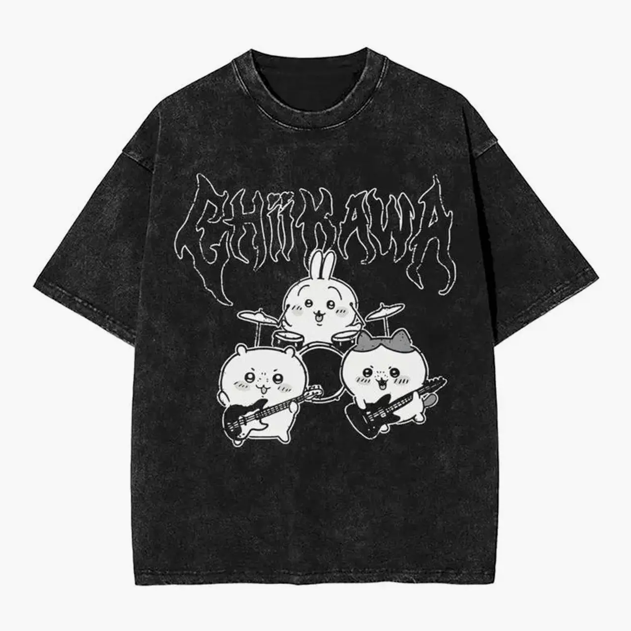 Heavy Metal Chiikawa Usagi Hachiware Washed T Shirts Streetwear Hip Hop Vintage T-Shirts Tee Shirt for Men Women Cotton Oversize Menswear Top Round Neck Festive LUM