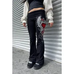 Y2K McBling Red Heart Graphic Rhinestone Print Fold-Over Flare Pants