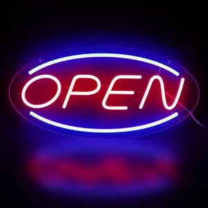 Oval blue light with "OPEN" neon light: red and blue contrasting color luminous design, USB power supply can be dimmed, a must for cake shop/cafe business signs