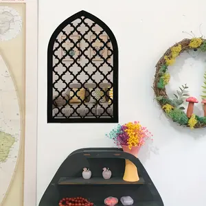 Acrylic Mirror Wooden Moroccan Faux Window Wall Mirror, Arabic Arch Design, Decorative Home Accent, Stylish Wall Art Piece
