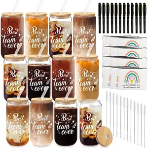 12 Set Employee Appreciation Gifts Thank You Gifts Bulk for Coworker Staff Teacher , Thank You Glass Cups 16 oz Can Shaped  Glass Makeup Bag Ballpoint Pen for Women Men ( Team)