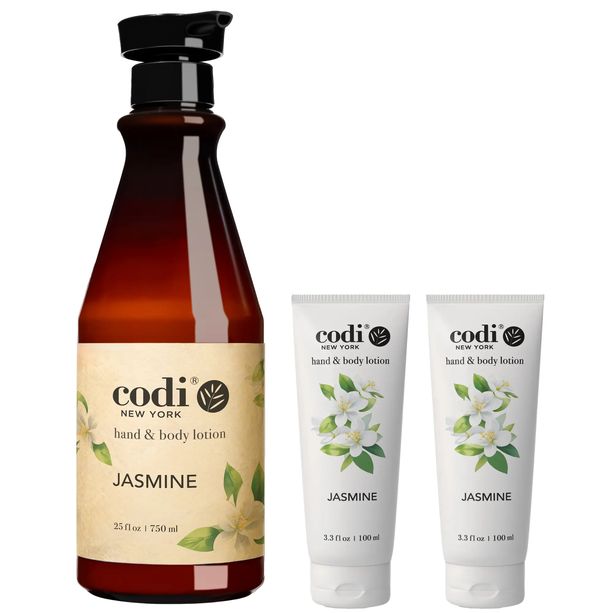 Codi Jasmine Moisturizing Hand & Body Lotion, Non-Greasy Korean Formula for All Skin Types, Unisex, Value Pack (750mL + 2x 100mL Travel Size)