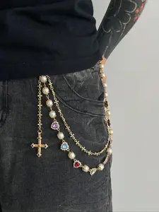 September Laurel Valentine’s Day gift Pearl Cross Waist Chain with Rainbow Gemstones – Statement Pants Chain,Men's Hip Hop Body Chain for Pants Decoration, Unique Fashion Accessory Vintage Body Jewelry Valentine’s Day gift
