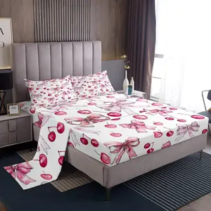 Feelyou Cherry Bow Bedding Set - Breathable Fabric, White Bowknot Design, Deep Pocket Fitted Sheet, Flat Sheet, Multi-Size Options, Ideal for Girls' Room Decor