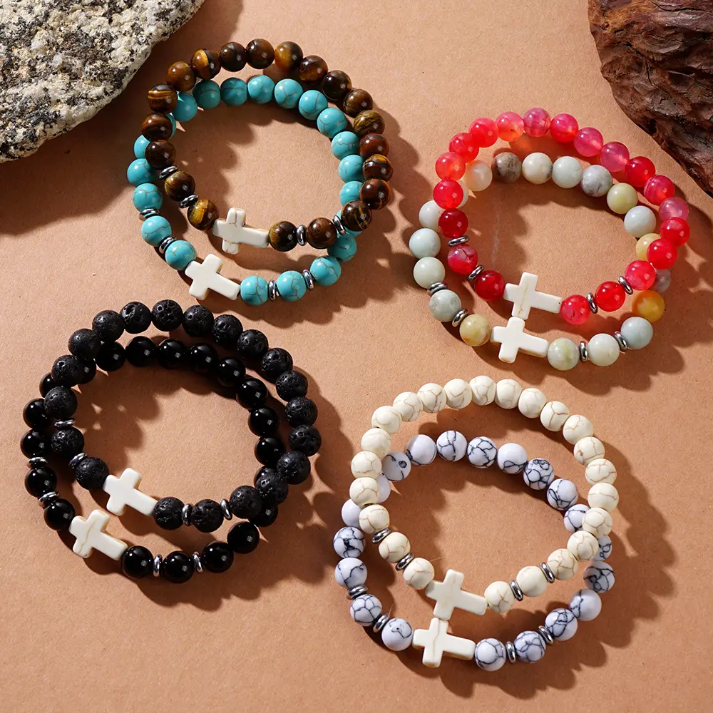 Cross-Shaped Beaded Bracelet, Christian Jesus Faith Beaded Bracelet, Volcanic Rock, Fashion Trends, Unisex