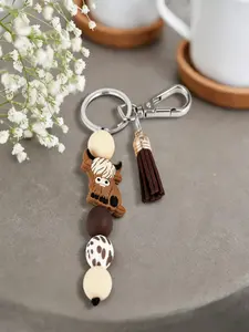 Cute Leopard Print Silicone Bead Keychain, Boho Style Cow Western Yak Charm, Key Ring for Wallet Bag Backpack Schoolbag Accessories