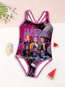 Girls' One-Piece Swimsuit Cartoon Print Gradient Background, Summer Beach Vacation Swimwear, Casual Fitted Jumpsuit