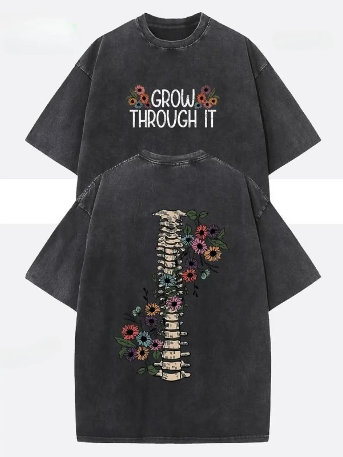 Retro Washed Men's T-Shirt | Double-sided "GROW THROUGH IT" text and floral print, retro short-sleeved, casual crew neck pullover, unisex streetwear style, fun graphic.