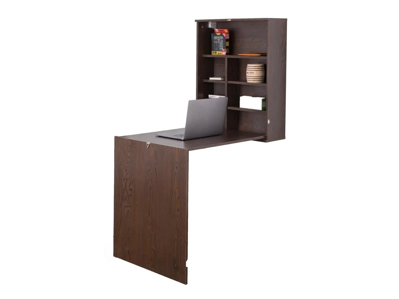 Basicwise QI003558.B Walnut Wooden Wall-Mount Folding Table with Shelves - Easy-to-Assemble Fold-Down Murphy Workstation for Small Spaces, Adults - 34.25x23.5x59.5in Brown Bedroom Home Office Writing Surface