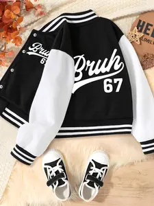 Boys' Spring & Fall Cartoon Print Baseball Jacket, Casual Comfy Jacket, Comfortable Casual Sports Outerwear, Fitted Regular Fit, Micro-Elastic Fabric