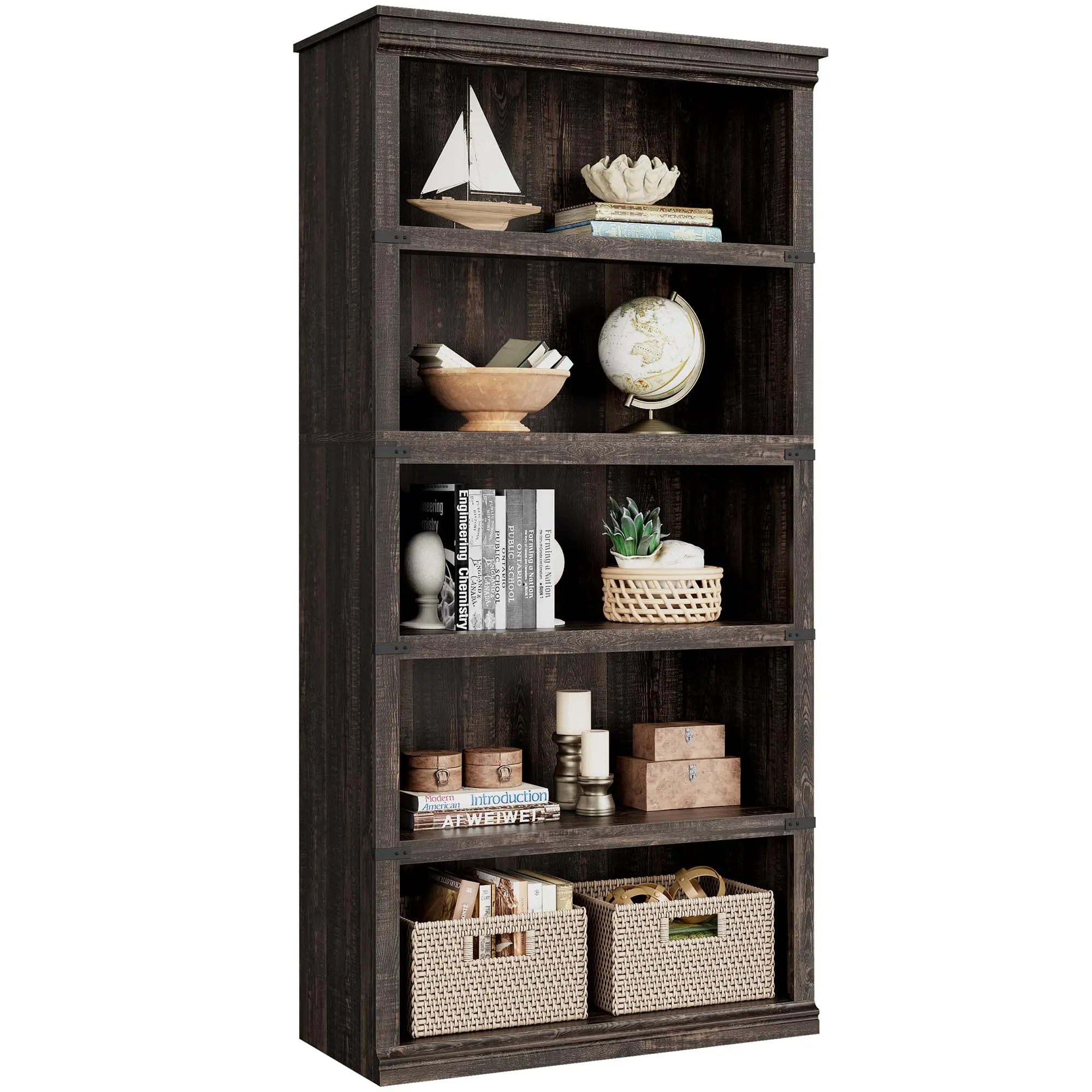 Garvee 5 Tier Wooden Bookcase - Free Standing Rustic Farmhouse Display Shelf with Reinforced Frame, Ideal for Living Room, Home Office, and Bedroom Storage Solutions