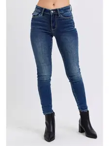 Judy Blue Mid Rise Dark Wash Brushed Thermal Skinny Jeans 82639, Stretchy Cotton Denim Womenswear Bottom, Chic Style, Cozy Warm