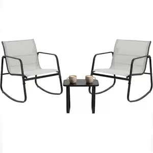 3-Piece Outdoor Patio Furniture Set, Wooden Coffee Table with 2 Textilene Arm Chairs, Rust-Proof Steel Frame Bistro Set, Conversation Seating for Backyard Balcony Poolside Lawn – Easy Assembly