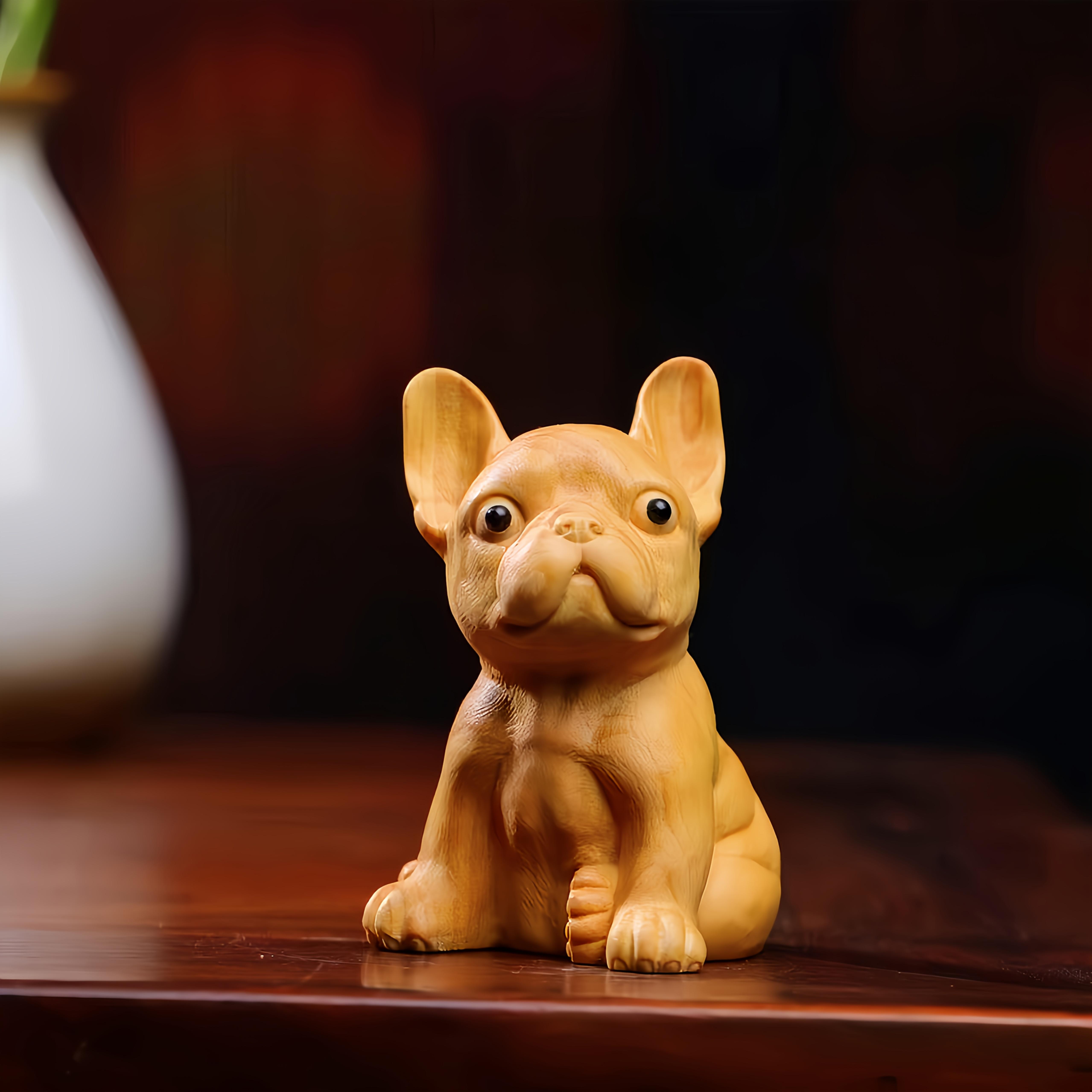 Hand Carved Sandalwood Bulldog Figurines 2 Pack, Cute Puppy Desk Decor, Natural Wood Home Ornament