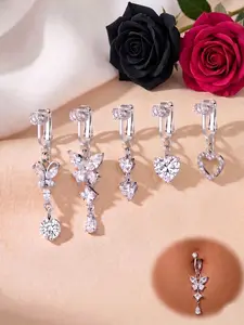 Non-Piercing CZ Fake Belly Piercing Hypoallergenic 316L Stainless Steel Butterfly & Heart Clip On Umbilical Navel Fake Piercing Fake Clip for Women, with Pain-Relieving Silicone Pad