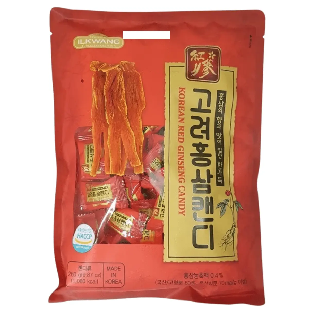 [ILKWANG] Korean Red Ginseng Candy - Natural Ingredients, Ambient Cupboard-Storable, Starch Syrup-Free, Contains Red Ginseng, 280g (9.87oz) Bag, All Ages Snack