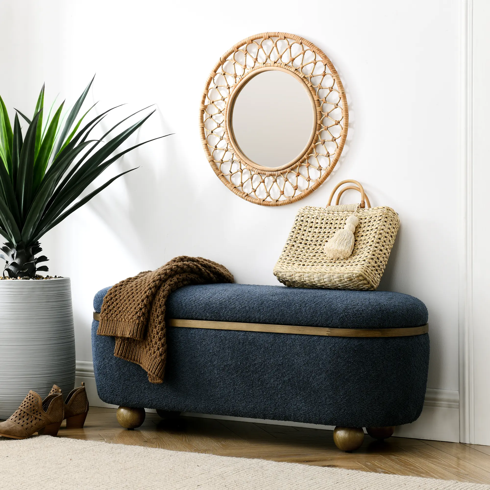 Storage Ottoman Bench, Upholstered End of Bed Ottoman Bench with Storage and Seating, Large Blanket Storage Bench for Foot Rest in Bedroom, Living Room, Entryway, Dark blue