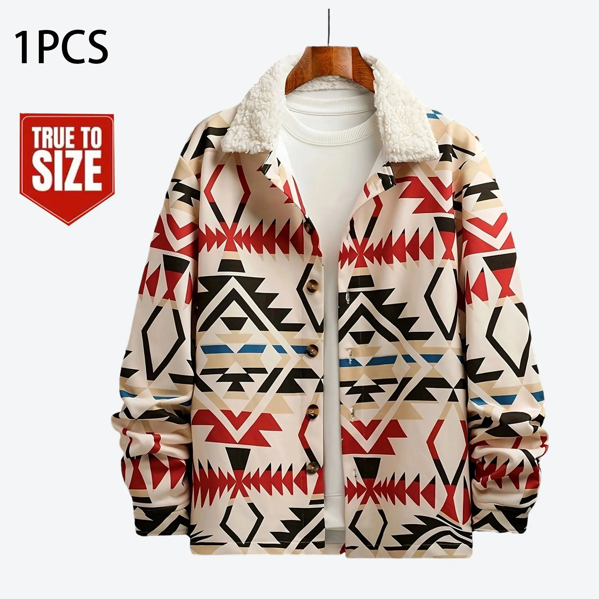 Men’s Navajo geometric fleece-lined jacket with a lambswool collar, retro Aztec pattern button-front shirt-style outerwear, warm and insulated for autumn/winter, casual Western streetwear for everyday wear