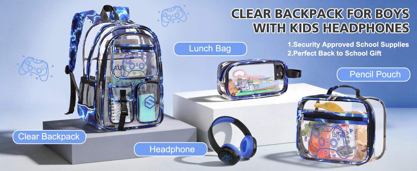 SIMILOVE 3PCS Clear Backpack Bundle with Lunch Bag & Pencil Case,Transparent PVC 17.7'' School Backpack Heavy Duty for School Stadium Event Treval