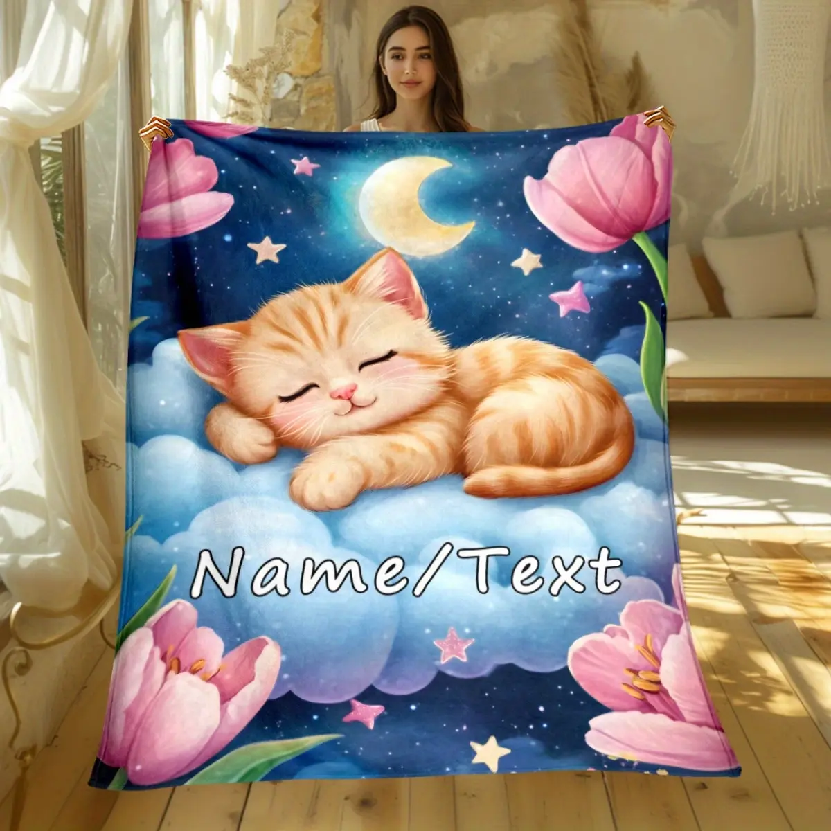 Personalized Flannel-Like Cat Lover Throw Blanket - 1pc Custom Name Soft Floral Kitten & Tulip, Starry Night Sky Design Lightweight Indoor All-Seasons Home Gift for Cat Lovers (Add Your Name)