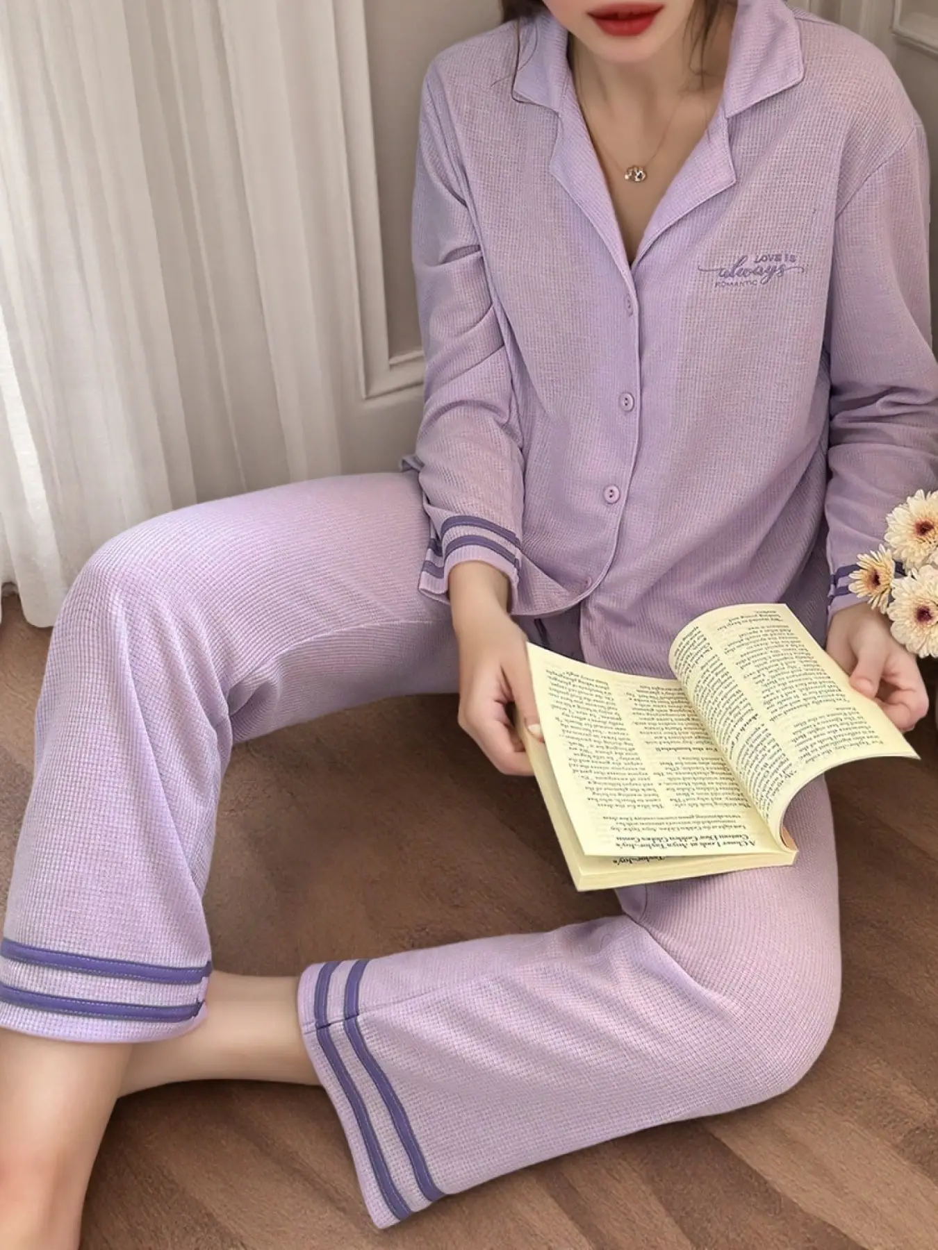 Women's Breathable Solid Color Waffle Knit Pajama Set, Fashion Lavender Long Sleeve Homeewear, Perfect Gift for Spring & Fall